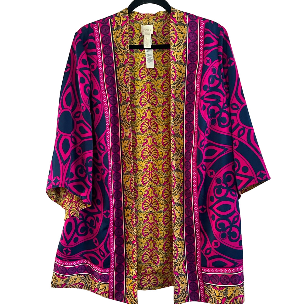 CHICO’S Reversible Artsy Pink Yellow Patterned Kimono Ornate Jacket Sz M Petite